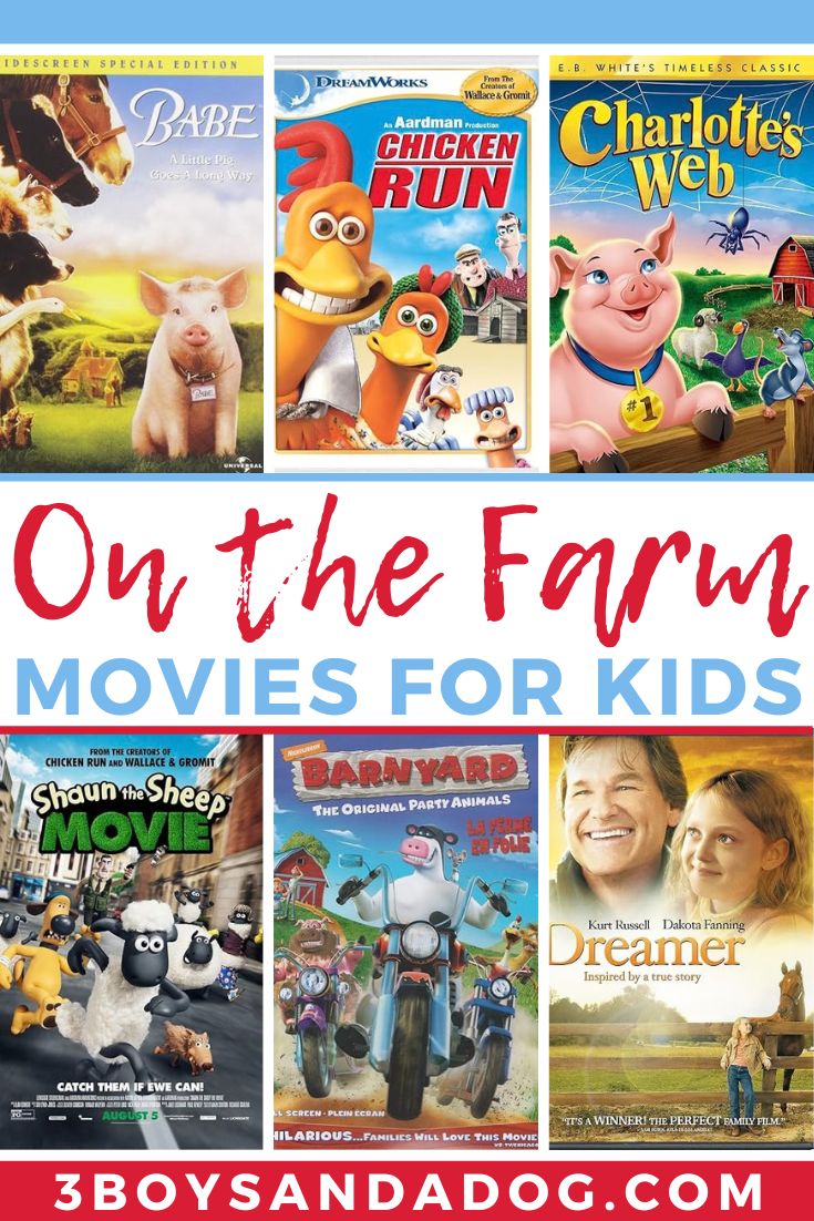 On the Farm Movies for Kids pin with Babe, Chicken Run, Charlotte’s Web, Shaun the Sheep Movie, Barnyard and Dreamer DVD covers