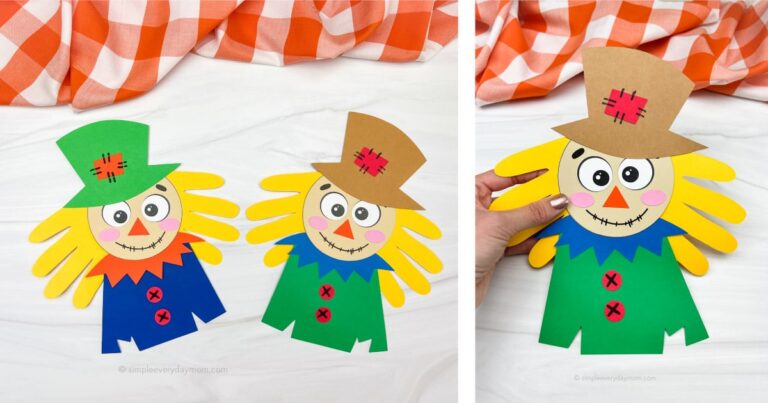 Scarecrow handprint craft with traced yellow handprints as the hair