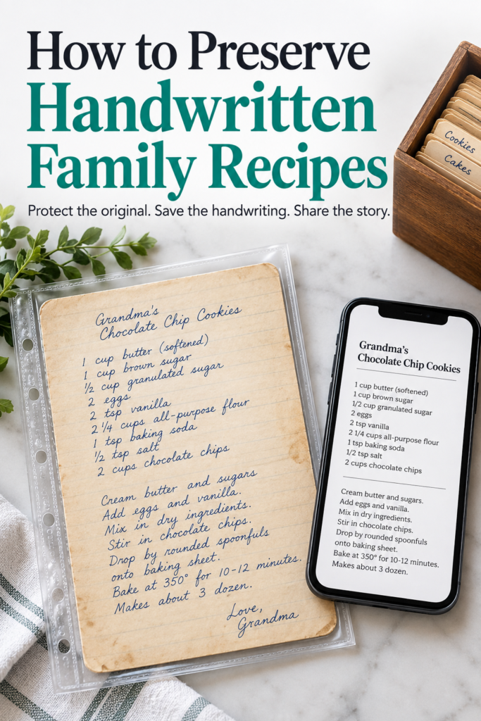 Handwritten family recipe card preserved beside a digital copy