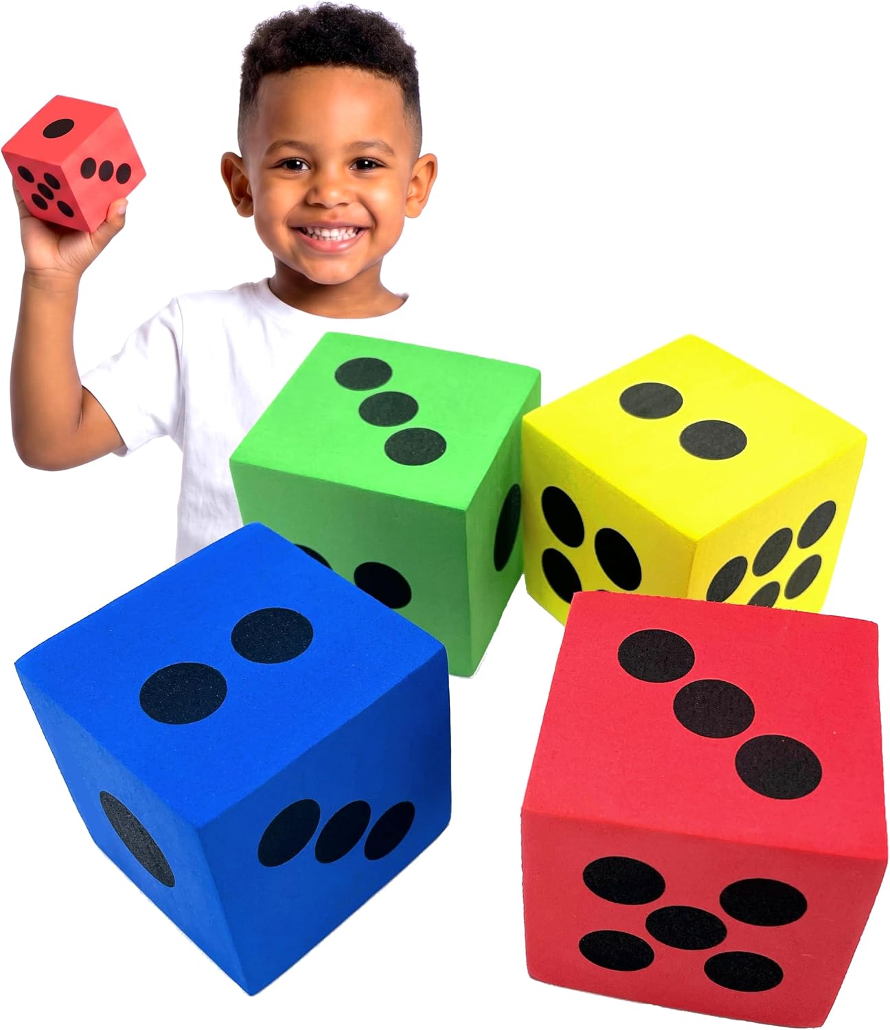 Four jumbo foam dice in red, yellow, blue and green