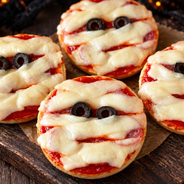 Four baked mummy face pizzas on a wooden board, bagel halves with pizza sauce, white string cheese bandages and black olive eyes