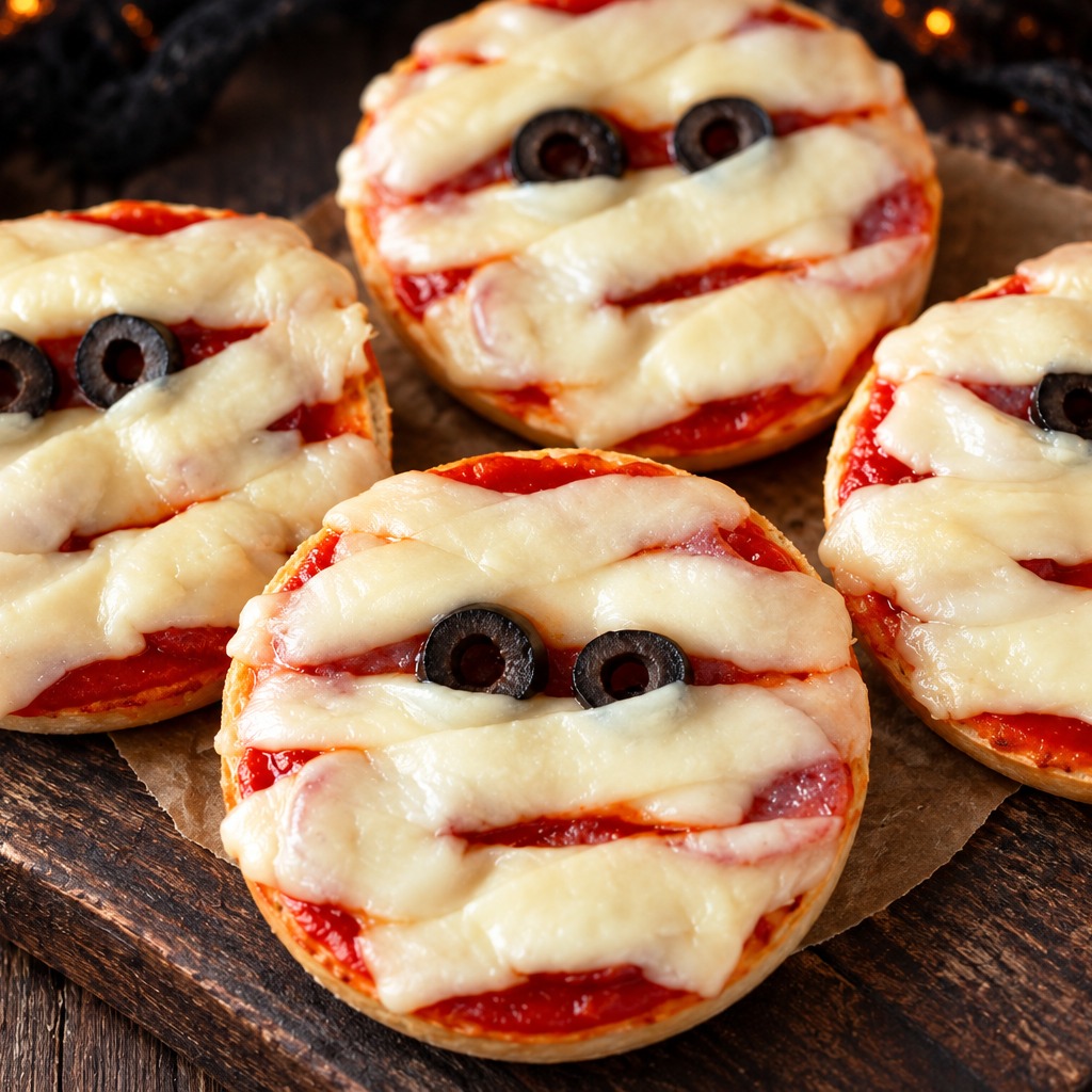 Four baked mummy face pizzas on a wooden board, bagel halves with pizza sauce, white string cheese bandages and black olive eyes