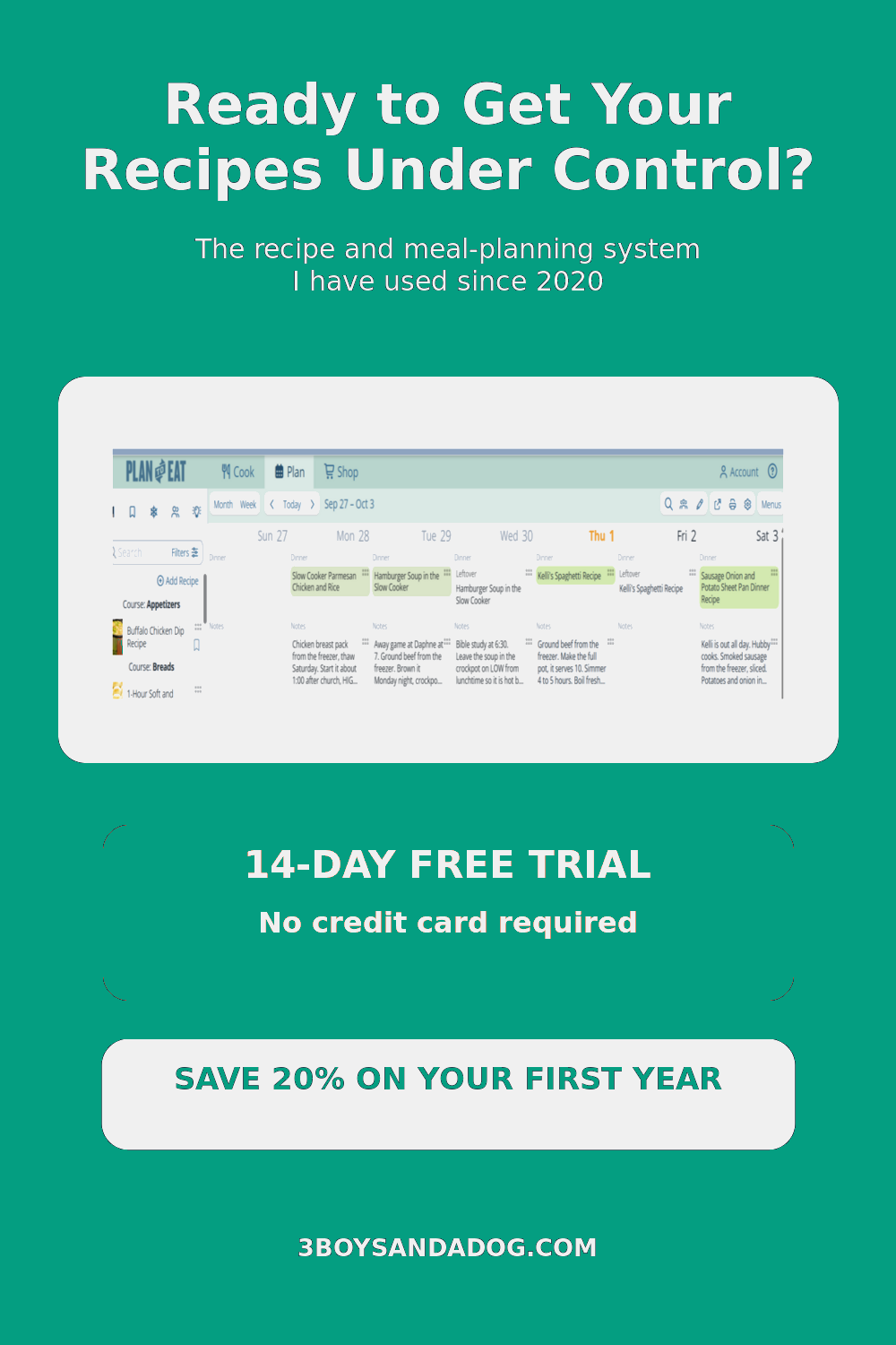 Try Plan to Eat and save 20 percent on the first annual subscription payment