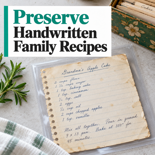 Handwritten family recipe card protected in a clear sleeve