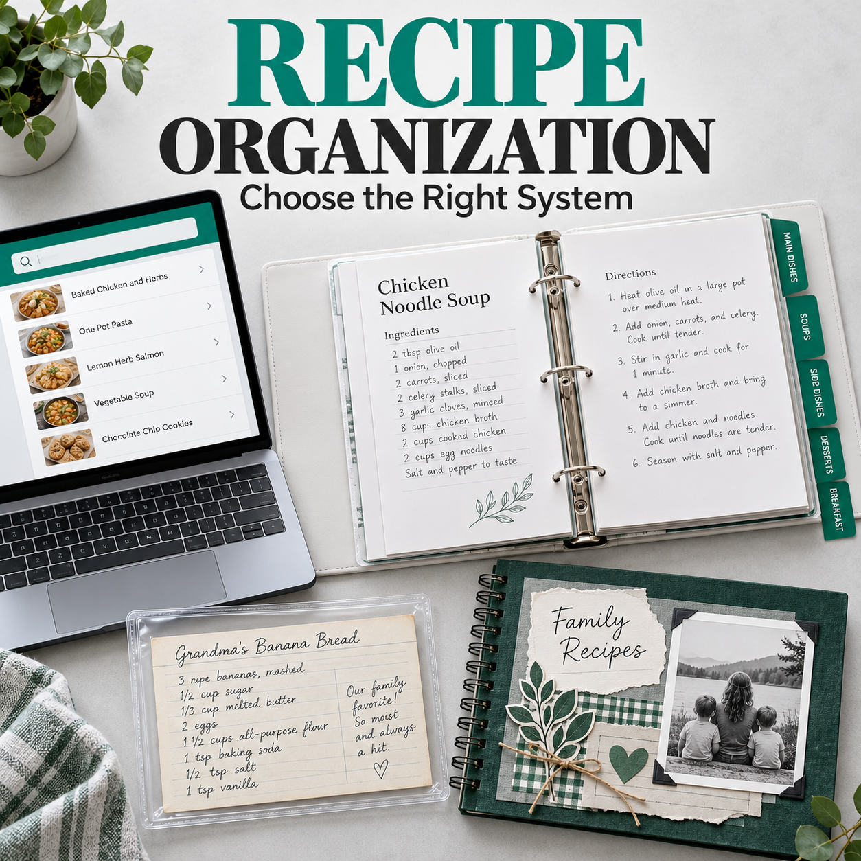 Digital recipe organizer, open binder, handwritten recipe card, and scrapbook showing four recipe organization systems