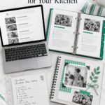 Four recipe organization methods including a digital organizer, open binder, protected handwritten recipe, and scrapbook