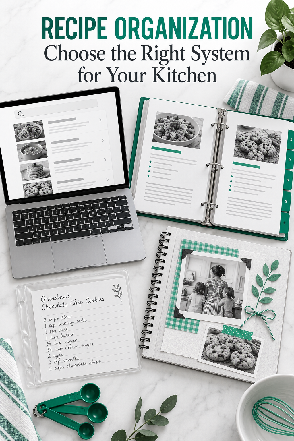 Four recipe organization methods including a digital organizer, open binder, protected handwritten recipe, and scrapbook
