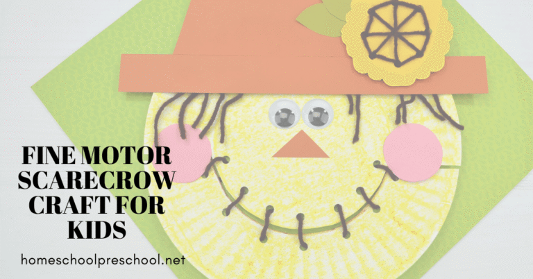 Paper plate scarecrow craft for preschoolers with yarn hair and a paper hat