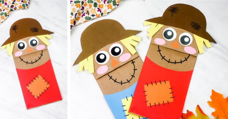 Brown paper bag scarecrow puppet craft for kids