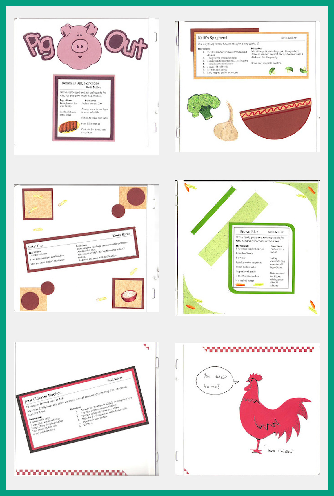Six original scrapbook recipe pages with family recipes and handmade decorations