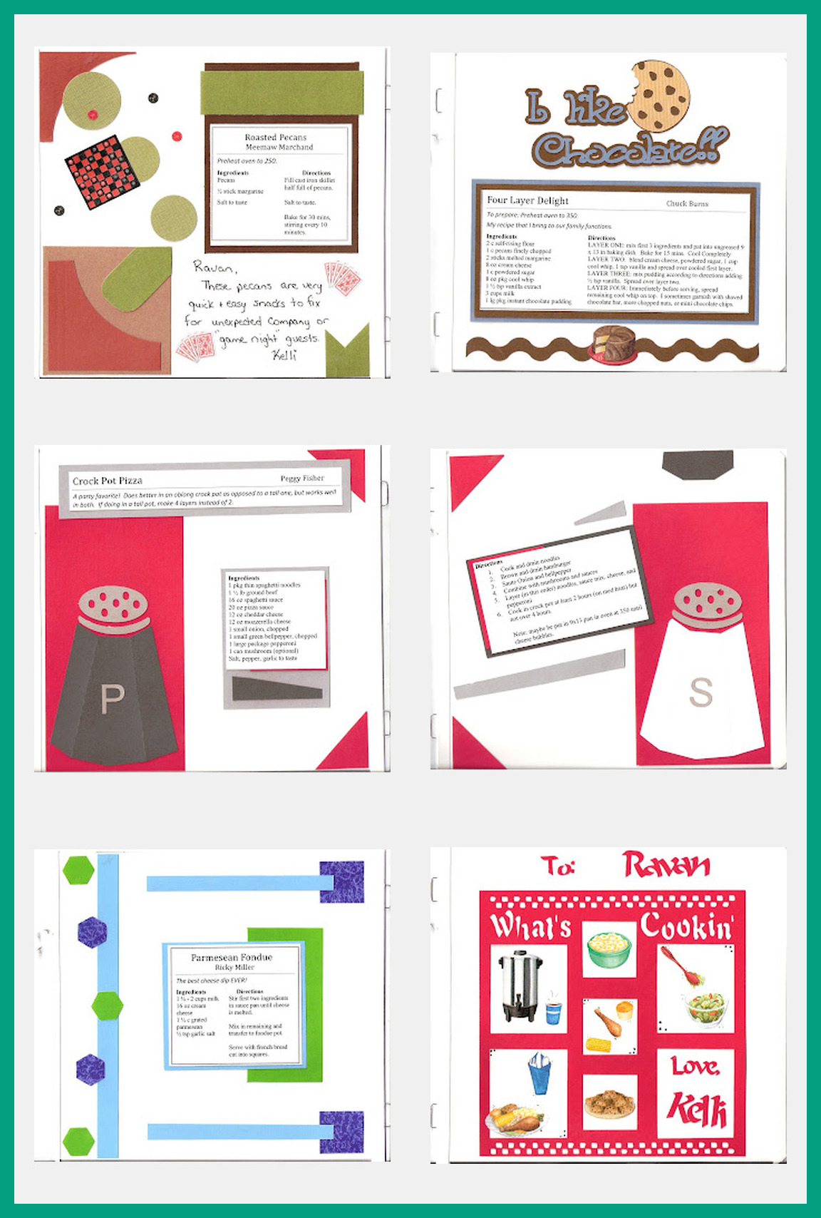 Six more original scrapbook recipe pages including desserts, pizza, and Parmesan fondue