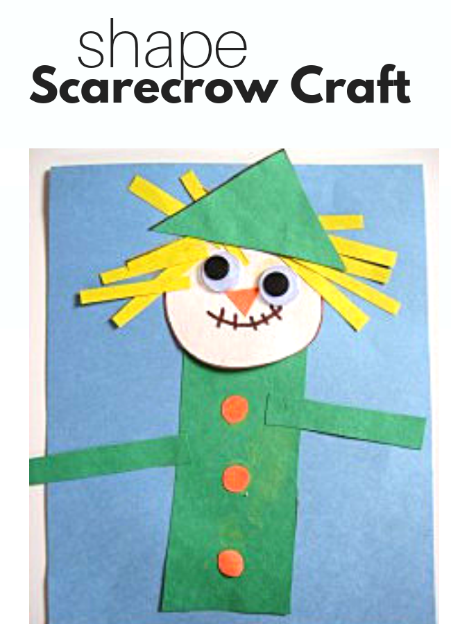 Shape scarecrow craft made from paper circles, triangles and rectangles with googly eyes