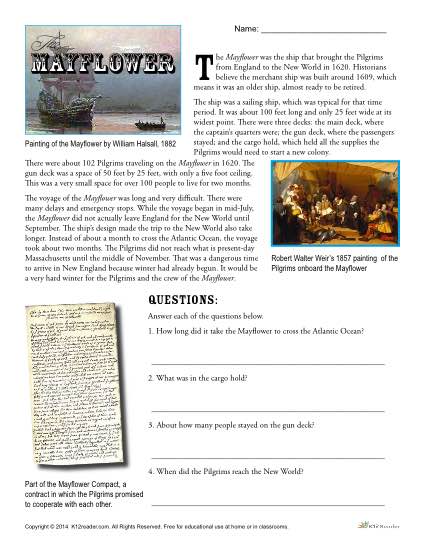 Mayflower reading comprehension worksheet