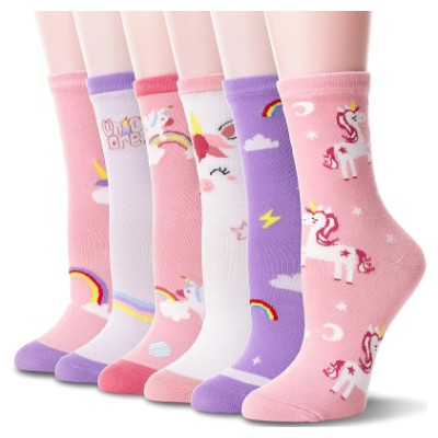 Six pairs of colorful unicorn crew socks