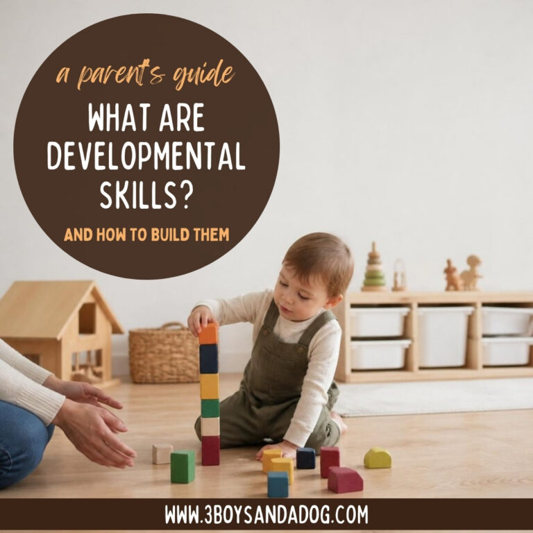 What are developmental skills, a parent’s guide, with a toddler stacking wooden blocks